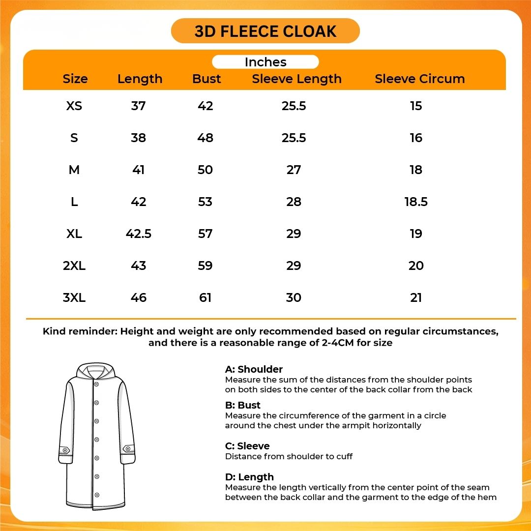 3D Fleece Cloak Size Chart - Dragon Ball Z EU Store